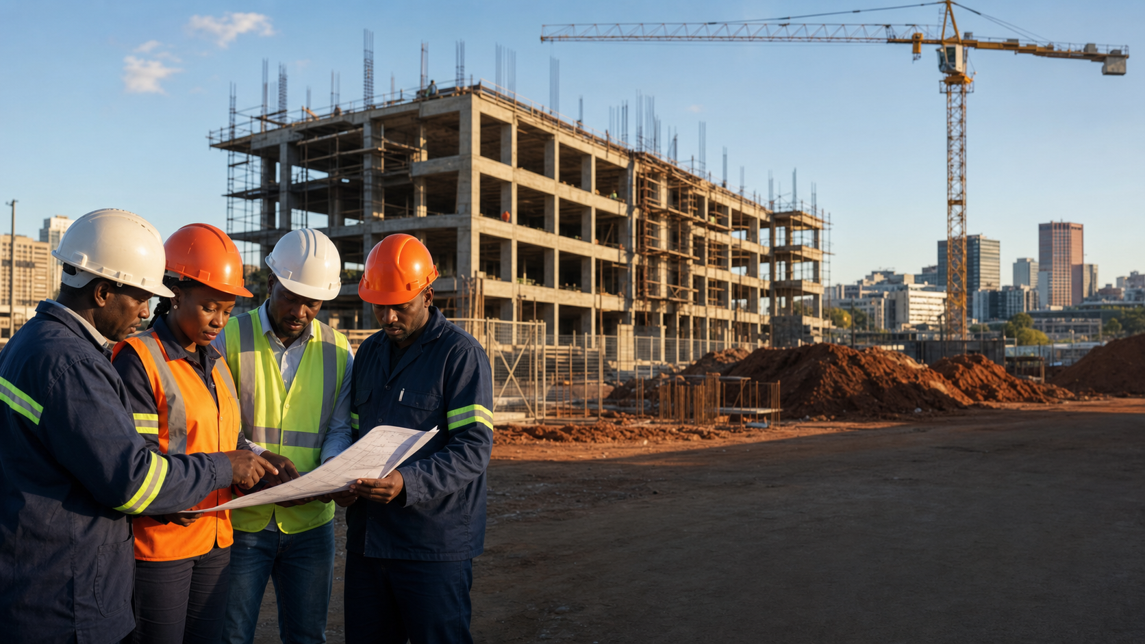 Zimbabwean construction professionals reviewing building plans on site